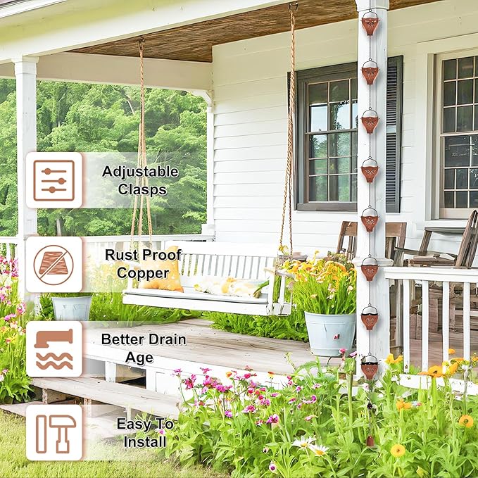 7.78ft Rain Chains for Outside, 8 Cups Copper Plated Lotus Rain Chain Cups, Adjustable Rain Catcher Chain with Bell for Eaves Drainage, Replacement for Downspout (Butterfly+Retro Copper)