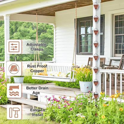7.78ft Rain Chains for Outside, 8 Cups Copper Plated Lotus Rain Chain Cups, Adjustable Rain Catcher Chain with Bell for Eaves Drainage, Replacement for Downspout (Butterfly+Retro Copper)