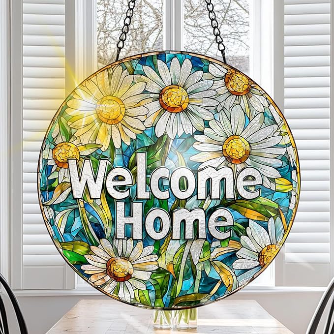 VAIIEYO Welcome Sun Catcher Stained Glass Window Hanging Ornament, Handmade Sun Catcher Flower Decoration with Hooks for Window Garden Home, Christmas & Birthday Housewarming Gift (7.8 inch)