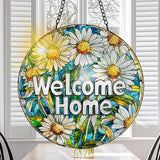 VAIIEYO Welcome Sun Catcher Stained Glass Window Hanging Ornament, Handmade Sun Catcher Flower Decoration with Hooks for Window Garden Home, Christmas & Birthday Housewarming Gift (7.8 inch)