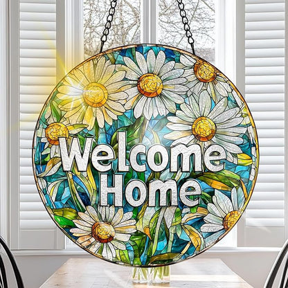 VAIIEYO Welcome Sun Catcher Stained Glass Window Hanging Ornament, Handmade Sun Catcher Flower Decoration with Hooks for Window Garden Home, Christmas & Birthday Housewarming Gift (7.8 inch)