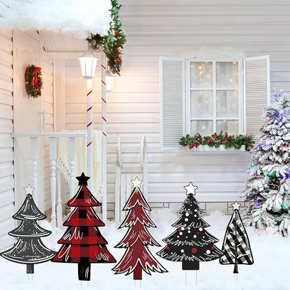 5 PCS Christmas Tree Yard Signs - Outdoor Lawn Sign Decorations with Stakes for Xmas Winter Party Porch Lawn Walkway Decor