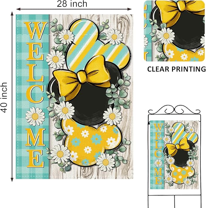 Welcome Spring Decorative House Flag, Daisy Flower Yellow Teal Plaid Stripes Garden Yard Outside Decorations, Summer Farmhouse Outdoor Large Home Decor Double Sided 28 x 40