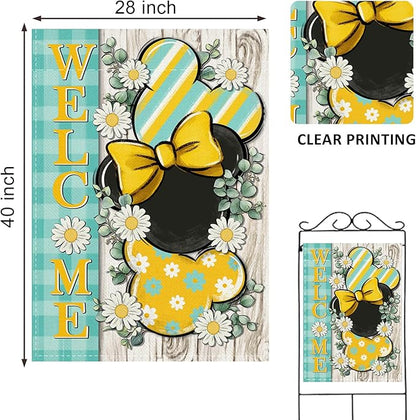 Welcome Spring Decorative House Flag, Daisy Flower Yellow Teal Plaid Stripes Garden Yard Outside Decorations, Summer Farmhouse Outdoor Large Home Decor Double Sided 28 x 40