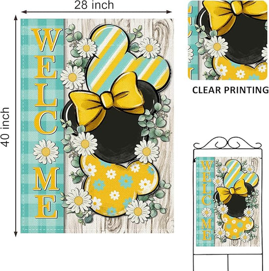Welcome Spring Decorative House Flag, Daisy Flower Yellow Teal Plaid Stripes Garden Yard Outside Decorations, Summer Farmhouse Outdoor Large Home Decor Double Sided 28 x 40