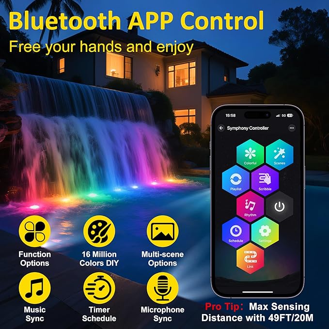 T-SUN Color Changing Submersible Pond Lights with APP and Remote Control, IP68 Waterproof Dimmable Timer Fountain Lights led Underwater for Koi Fish Tank Aquascape Waterfall Landscape(Set of 3)