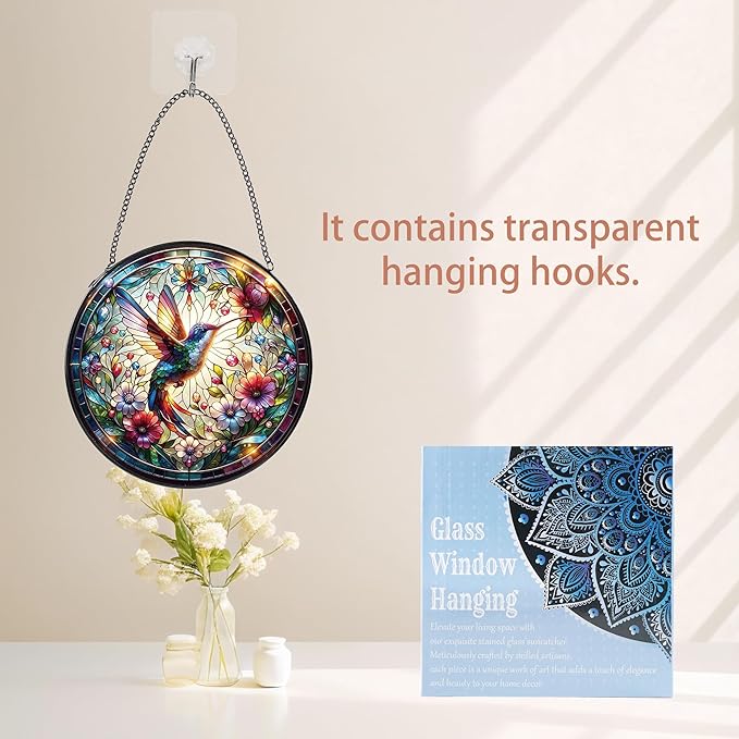 Hummingbird Stained Glass Window Hanging, 8" Round Hummingbird Suncatcher, Floral Decorative Glass Art for Home Garden, Memory Gift for Mom and Grandma