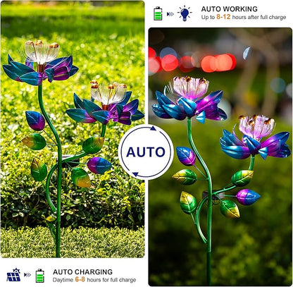 Solar Wind Spinners Blue Twin Flowers for Yard and Garden, Solar Windmill Garden Whirligig Kinetic Spinners Decor for Lawn, Patio, Yard, Metal Wind Outdoor Sculpture
