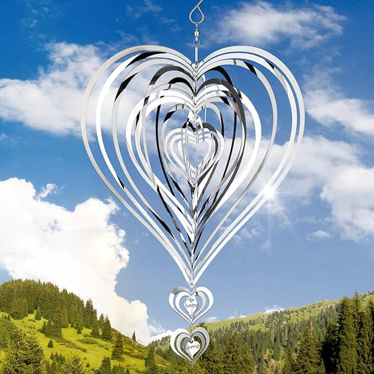 Wind Spinners Outdoor 3D Stainless Steel for Outside Christmas Heart Chimes Hanging Spinners Reflective Wind Chimes for Yard Garden Balcony Outdoor Decor(Silver)