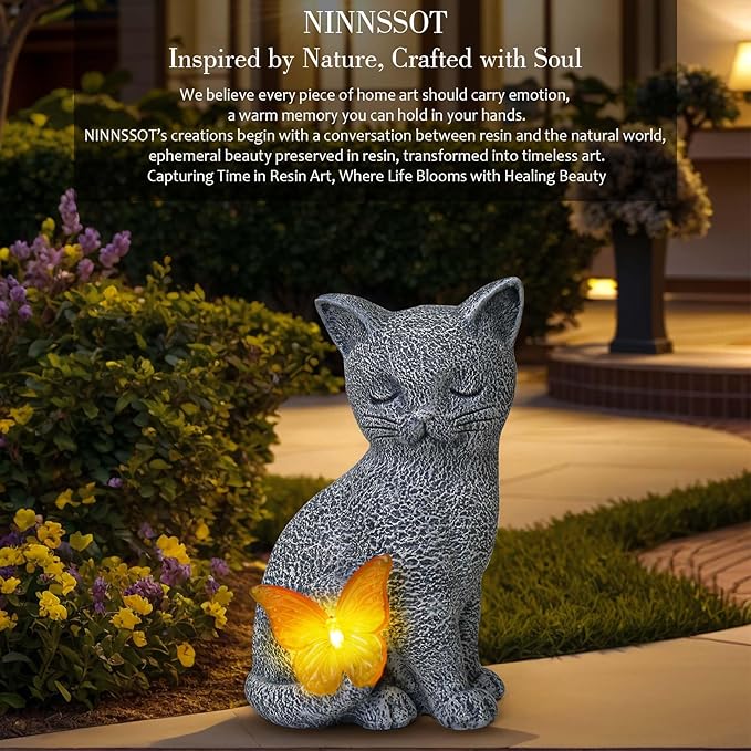 Solar Cat Statue Garden Decor with Butterfly Light, Outdoor Decor Statues Yard Art Decorations Lawn Porch Patio Balcony, Gardening Gifts Birthday Choice for Cat Lover Women, Mom, Grandma