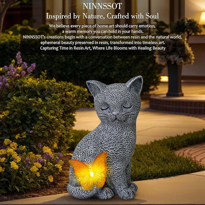 Solar Cat Statue Garden Decor with Butterfly Light, Outdoor Decor Statues Yard Art Decorations Lawn Porch Patio Balcony, Gardening Gifts Birthday Choice for Cat Lover Women, Mom, Grandma