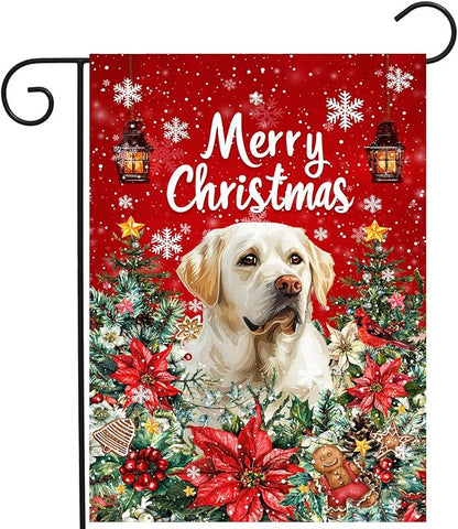 Christmas White Lab Garden Flag Merry Christmas Labrador Dog Yard Flag for Outside Xmas Flags 12x18 Double Sided Red Poinsettia Garden Flags Winter Porch Outdoor Decor