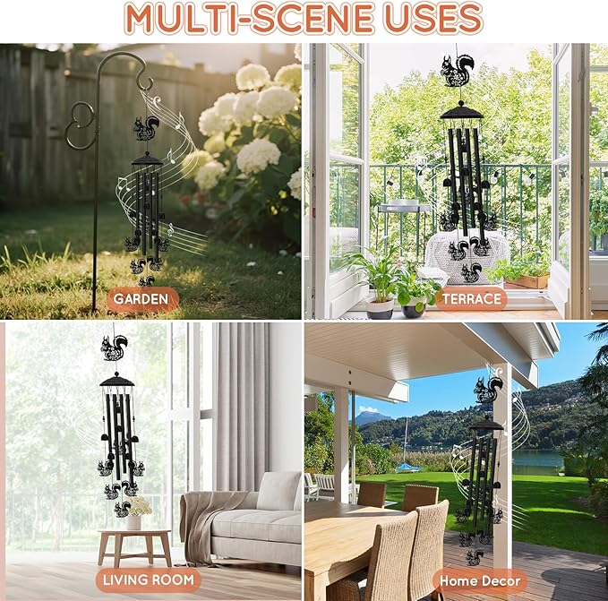 Squirrel Wind Chimes for Outside Metal Animal Windchimes Squirrel Sympathy Gifts for Women Men Birthday Garden Decor for Patio Yard Memorial Black