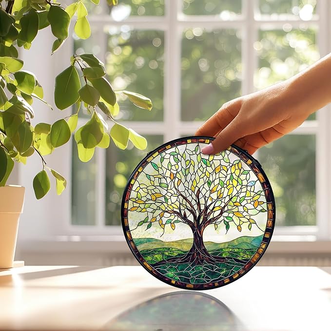 Tree of Life Suncatchers Stained Glass Window Hanging, Tree of Life Decor Sun Catchers Indoor Window Glass Round Wall Decor, Nature Wall Hanging Decorations, 7.9x7.9in