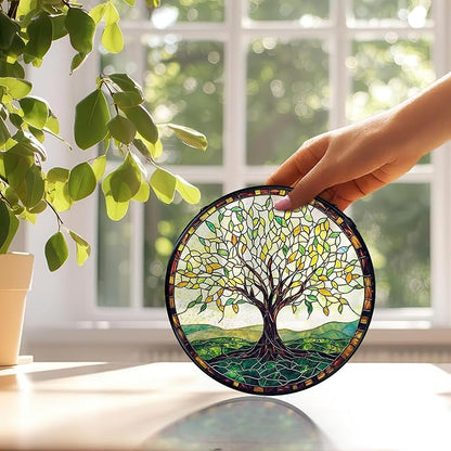 Tree of Life Suncatchers Stained Glass Window Hanging, Tree of Life Decor Sun Catchers Indoor Window Glass Round Wall Decor, Nature Wall Hanging Decorations, 7.9x7.9in