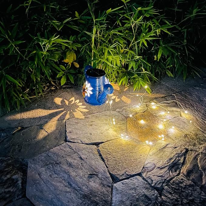 Blue Solar Watering Can with Light,Solar Powered Waterfall Lights 1 Pack 60 LED(Includes Shepherd Hook) for Garden,Yard, Path, Christmas Holiday Decoration