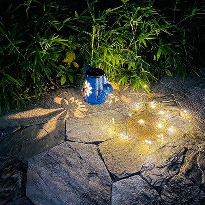 Blue Solar Watering Can with Light,Solar Powered Waterfall Lights 1 Pack 60 LED(Includes Shepherd Hook) for Garden,Yard, Path, Christmas Holiday Decoration