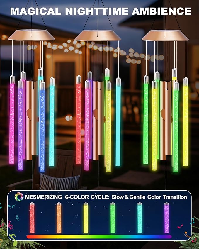 Nacome Solar Wind Chime Outdoor Indoor: Unique Gifts for Mom Grandma Women - Automatic LED Color Changing Light IP65 Waterproof Outside Decor for Garden Patio Balcony Porch(Copper)