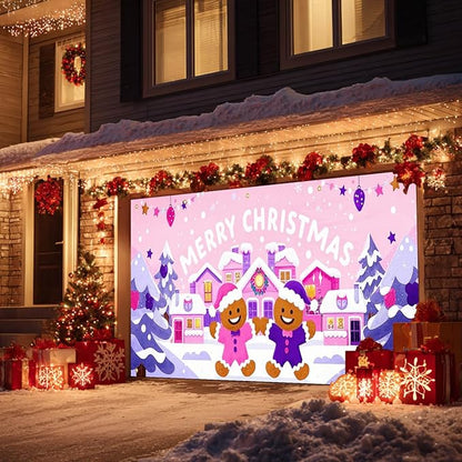 HOMETITUTE Christmas Garage Door Banner 13x6ft Pink House Gingerbread Man Backdrop with Purple Xmas Trees Snowflakes Star Lights Merry Xmas Sign Outdoor Yard Decoration