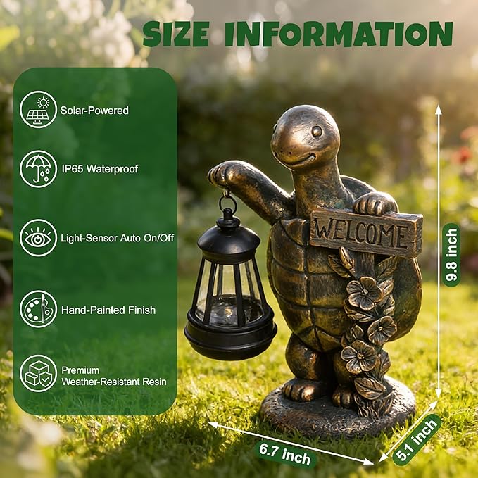 Solar Garden Statues, Resin Turtle Statue w/ Welcome Sign, Waterproof Figurine Solar Latern for Outside Yard Outdoor Home Patio Lawn Decor, Solar Animal Lights for Adults Women Birthday Easter Gifts