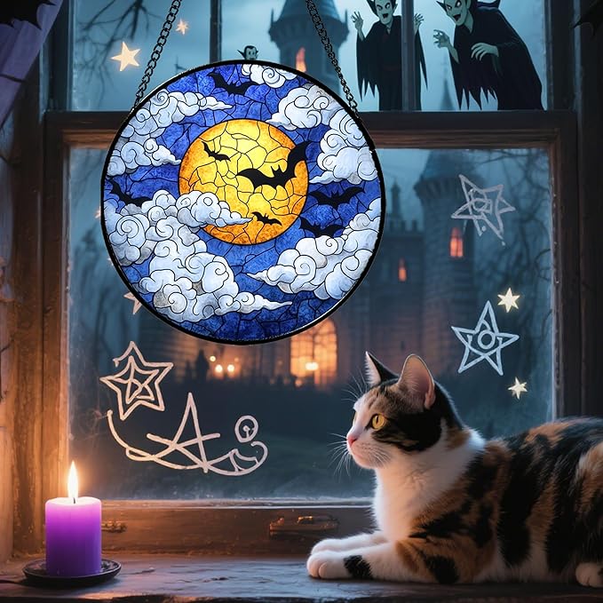 Stained Glass Window Hanging - Halloween Decorations Bats Moon Clouds Suncatcher for Doors Garden Indoor Spooky Funny Sun Catchers Gothic Decor Horror Gifts for Women Men Friend 7.8 in