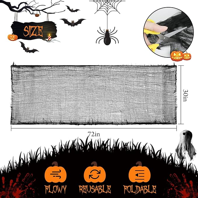6 Pcs Halloween Decorations Creepy Cloth Indoor Outdoor, Scary Gauze Halloween Party Decoration, Spooky Home Decor Supplies for Table Tree Garden Doorways Haunted House Yard Skeleton (Black, 30"x72")