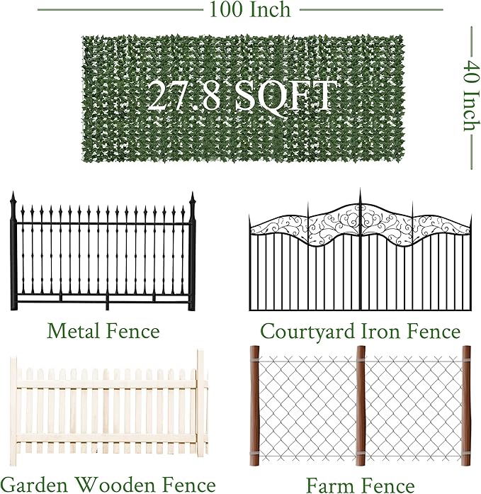 B0FDLC6XMZDOPGIB Artificial Ivy Privacy Fence Screen: 40"x 100" (28 Sqft) Anti-Ultraviolet Artificial Hedge Grass Wall, Used for Indoor and Outdoor Green Background, Garden Greening Decoration