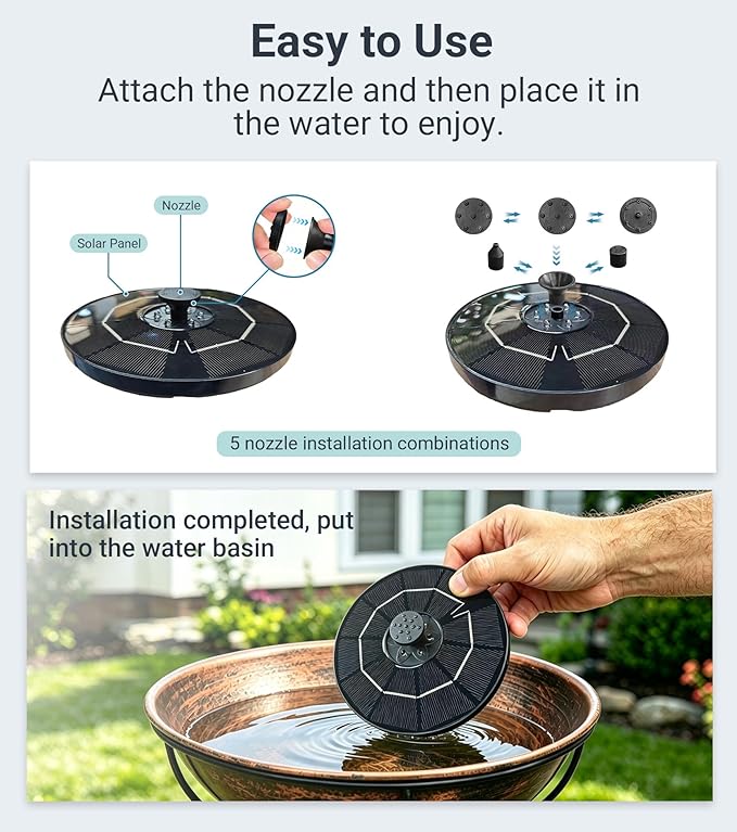 Solar Bird Bath Fountain with LED Lights – 6.3" Floating Solar Fountain Pump with Battery Backup | 9V/2W Powerful Water Spray, 5 Nozzles, for Bird Bath, Pond, Garden & Outdoor Decor