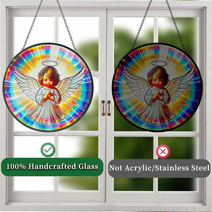 Praying Angel Decor Handmade Stained Glass Rainbow Maker Stained Glass Suncatchers W/Metal Chain - Spiritual Angelic Gift for Women Christmas Thanksgiving Housewarming Gifts
