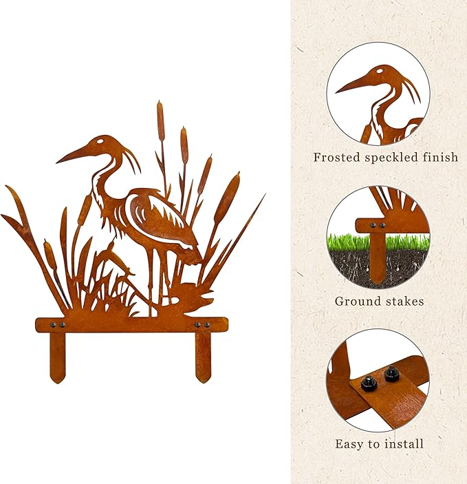 Rusty Heron Statues Outdoor – Metal Heron Statue for Garden Decor, Unique Outdoor Decor for Lawn & Patio Yard Porch Backyard Outdoor Decor