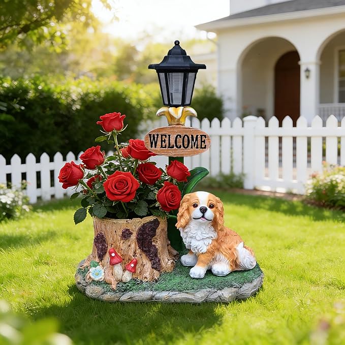 20" Solar Cavalier King Charles Spaniel Garden Statue with Welcome Sign & Planter - Large Dog Sculpture with LED Street Lantern - Weatherproof Resin Tree Stump Flower Pot for Porch, Yard & Patio