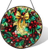 Stained Glass Window Hanging, Christmas Festive Holly and Red Berries Suncatcher for Doors Home Sun Catchers Decoration and Christmas, Mother's Day Birthday Gifts for Women, Men, and Mom