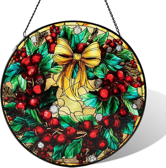 Stained Glass Window Hanging, Christmas Festive Holly and Red Berries Suncatcher for Doors Home Sun Catchers Decoration and Christmas, Mother's Day Birthday Gifts for Women, Men, and Mom