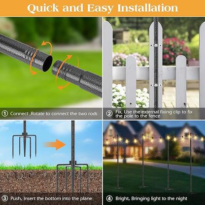 4 Pack String Light Poles, Metal Lights Hanging Pole with 4 Hooks and Rustproof, for Yard Patio Decor, Camping, Sun Shades Outdoor, Outside Decor