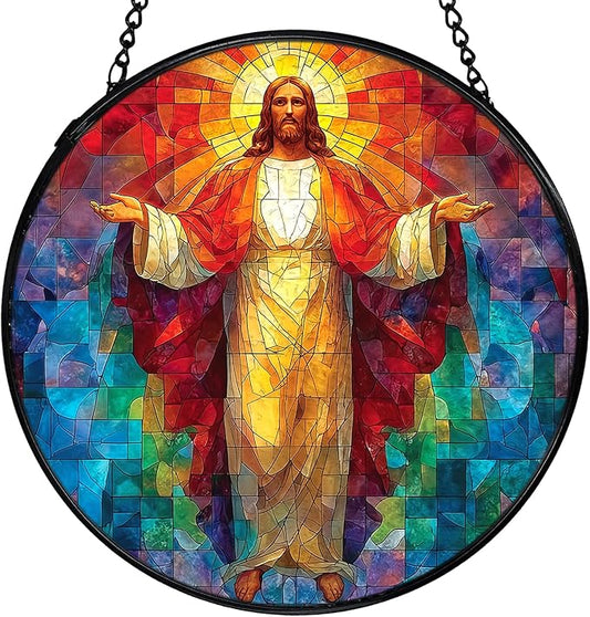 Easter Jesus Christian Suncatcher Stained Glass Window Hanging, Jesus Religious Sunshine Sun Catchers Indoor Window Glass Wall Art Decor, Christian Wall Hanging Decor, 7.9x7.9 Inch