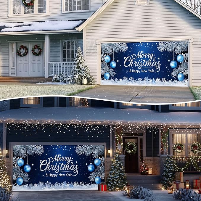 IVN Christmas Garage Door Cover Decoration 13x6ft Blue Night Snowflakes Silver Ornaments Pine Branches Merry Christmas Winter Garage Door Banner Home Door Front Yard Decor for Xmas Eve Holiday Outdoor