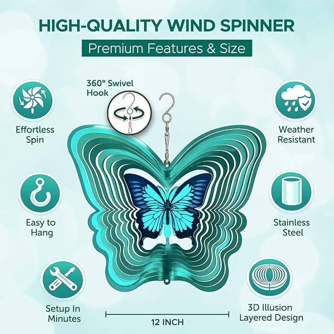 ISEO Butterfly Wind Spinner for Yard and Garden, Hanging Outdoor Decor, Yard Art, Porch and Patio Decorations, Metal Wind Spinners Outdoor, Weather Resistant, 12”