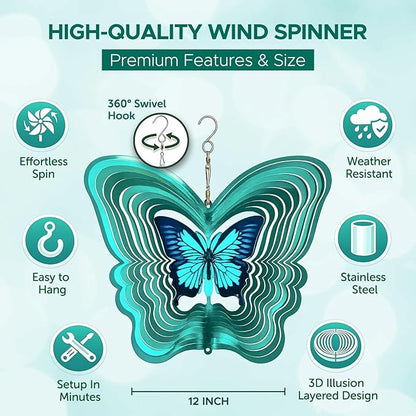 ISEO Butterfly Wind Spinner for Yard and Garden, Hanging Outdoor Decor, Yard Art, Porch and Patio Decorations, Metal Wind Spinners Outdoor, Weather Resistant, 12”