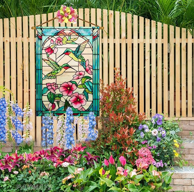 Spring Summer Hummingbird House Flag 28x40 Inch Double Sided, Stained Glass Floral Outdoor Flag Colorful Flower Large Yard Flag Seasonal Lawn Porch Farmhouse Decor