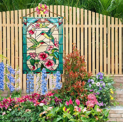Spring Summer Hummingbird House Flag 28x40 Inch Double Sided, Stained Glass Floral Outdoor Flag Colorful Flower Large Yard Flag Seasonal Lawn Porch Farmhouse Decor
