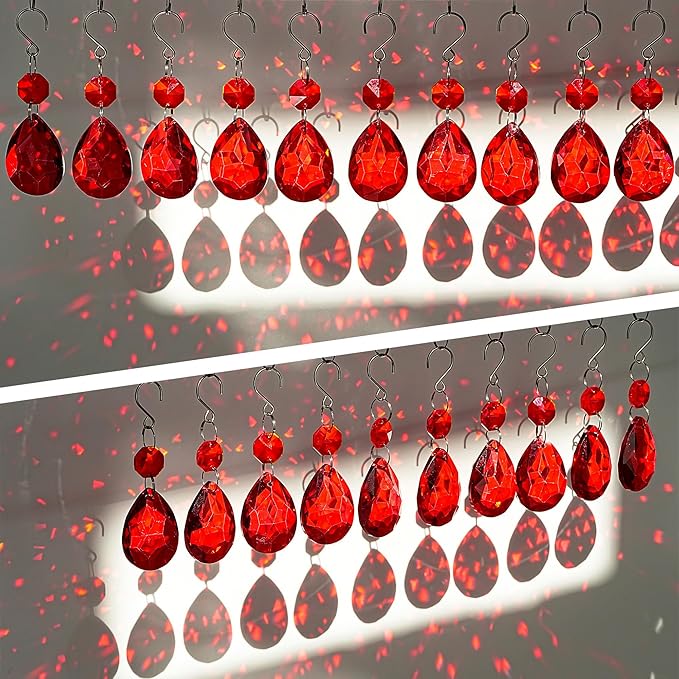H&D HYALINE & DORA 3Inch Crystal Suncatcher Bauhinia Prisms Pendants 10Pcs Chandelier Crystals Replacement Hanging Sun Catcher Beads for DIY Arts Crafts Decor (Red)