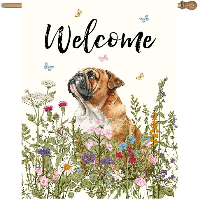 Floral English Bulldog Garden Flag Spring Summer House Flags 28 x 40 Double Sided Flower Dog Yard Flags for Outside Large Outdoor Welcome Flags