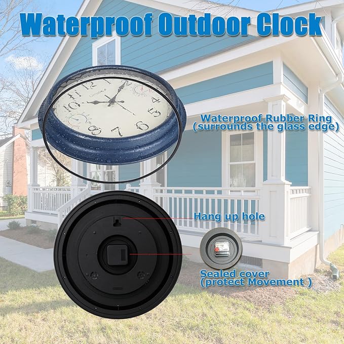 Crosstime 16 Inch Large Outdoor Clock with Thermometer & Hygrometer – Vintage Blue Coastal Decor Waterproof Wall Clock for Patio, Pool, Garden, Backyard