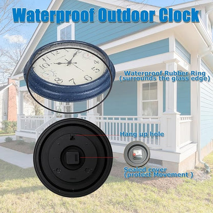 Crosstime 16 Inch Large Outdoor Clock with Thermometer & Hygrometer – Vintage Blue Coastal Decor Waterproof Wall Clock for Patio, Pool, Garden, Backyard