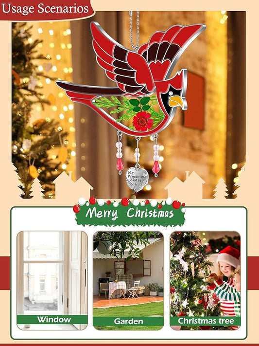 KY&BOSAM Cardinal Suncatcher My Precious Sister Hand-Painted Sun Catcher for Windows Hangings Wind Chime with Pressed Drived Flower Birthday Gifts for Sister Mothers Day Valentine's Thanksgiving Decor