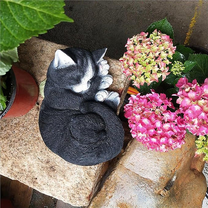 Realistic Cat Garden Outdoor Statue, Sleeping Kitten Figurines Sculpture Decoration for Patio, Yard, Porch Lawn Ornament, Office Home Art Décor Cat Memorial Stone (Black)
