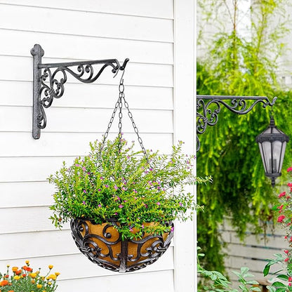 Sungmor Decorative Cast Iron Hanging Bracket - 15.6" Thickened Outdoor Metal Plant Hangers, Vintage Scroll Design for Signs, Planters, Lanterns, Bird Feeders - 2 Pack Heavy Duty Wall Hooks, Black