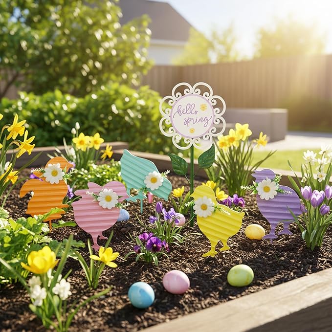 6PCS Spring Chick Metal Yard Decorations Stakes, Grandmas Garden Easter Holiday Yard Decoration Outdoor Stakes, Memorial Personalized Unique Garden Gifts Women for Grandma Statue