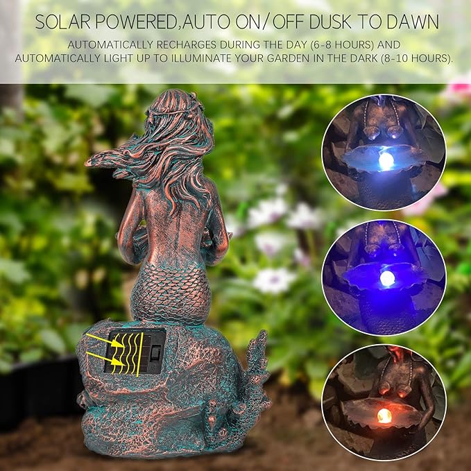 Mermaid Sitting on Rock Statue Decorations Animals Bird Bath Feeder Garden Statue Light Up Figurines Princess Ornament Indoor Outdoor Sculpture Gift for Home Yard Patio Decor