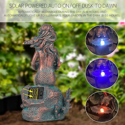 Mermaid Sitting on Rock Statue Decorations Animals Bird Bath Feeder Garden Statue Light Up Figurines Princess Ornament Indoor Outdoor Sculpture Gift for Home Yard Patio Decor